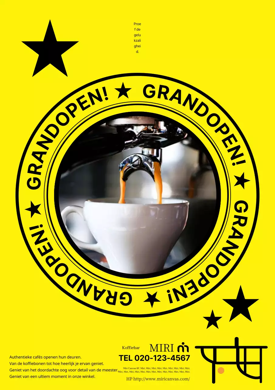 Reclame voor de grote opening van een eenvoudig café met een gele keuken