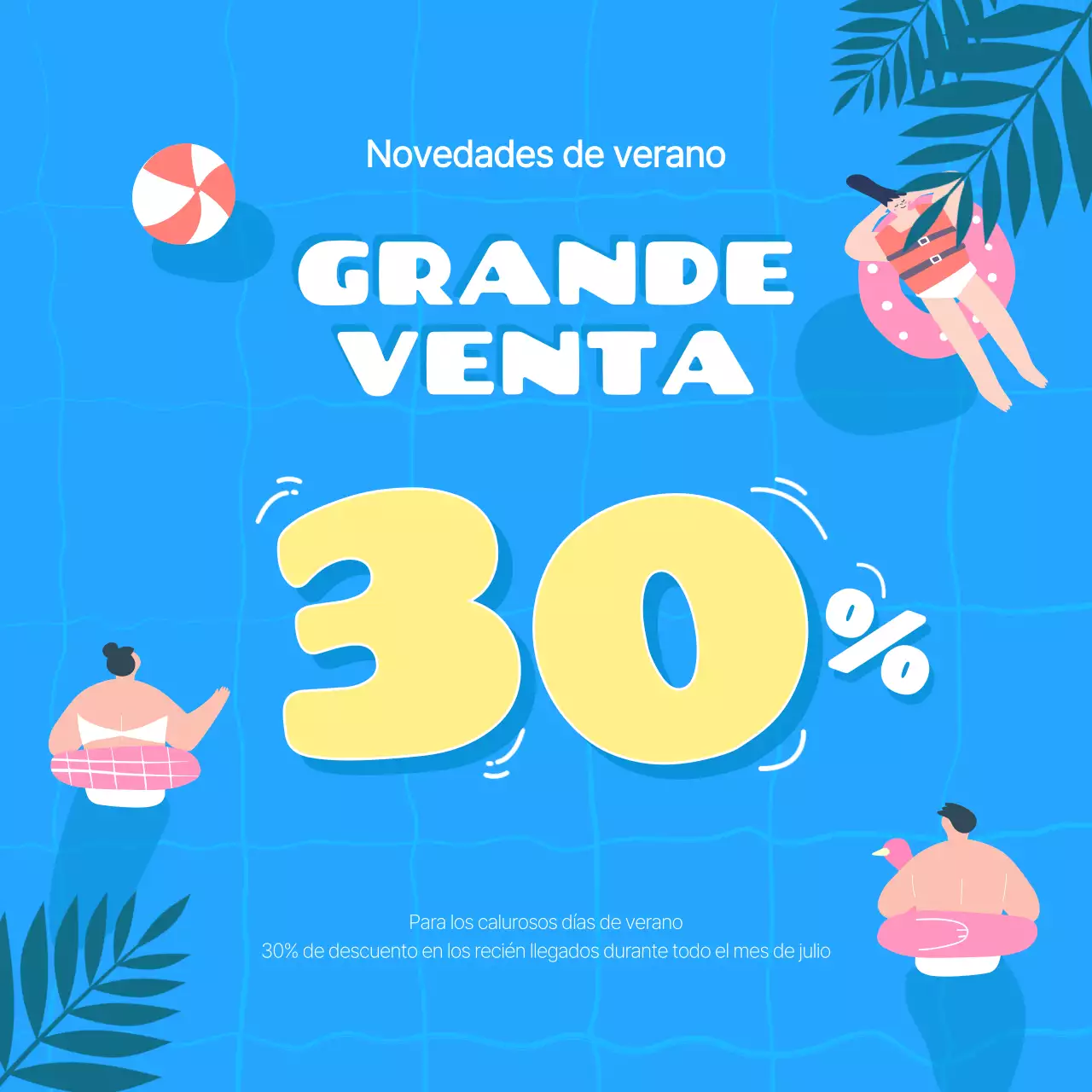 Anuncio minimalista de rebajas de verano en amarillo y azul claro