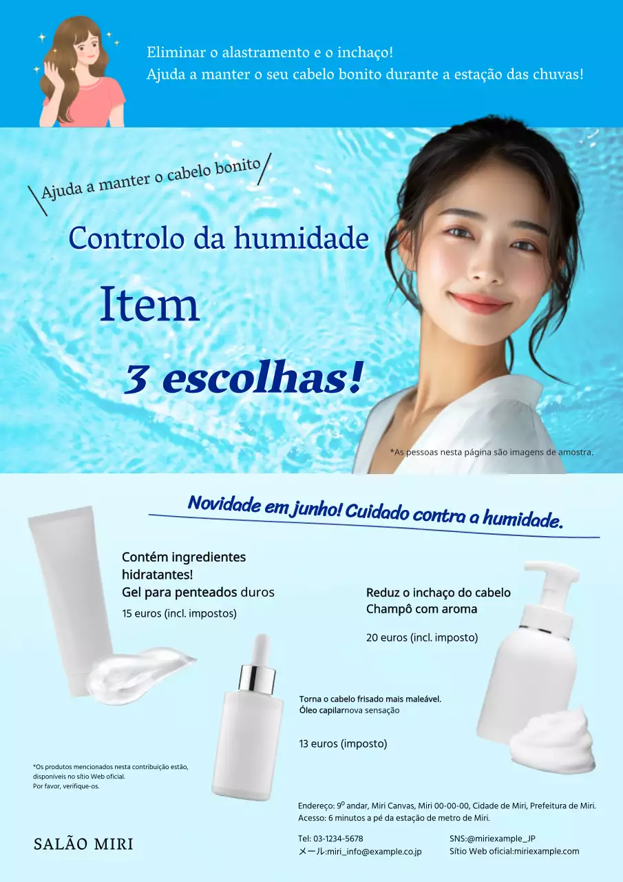 Folheto moderno de cuidados capilares para a época das chuvas em branco e azul