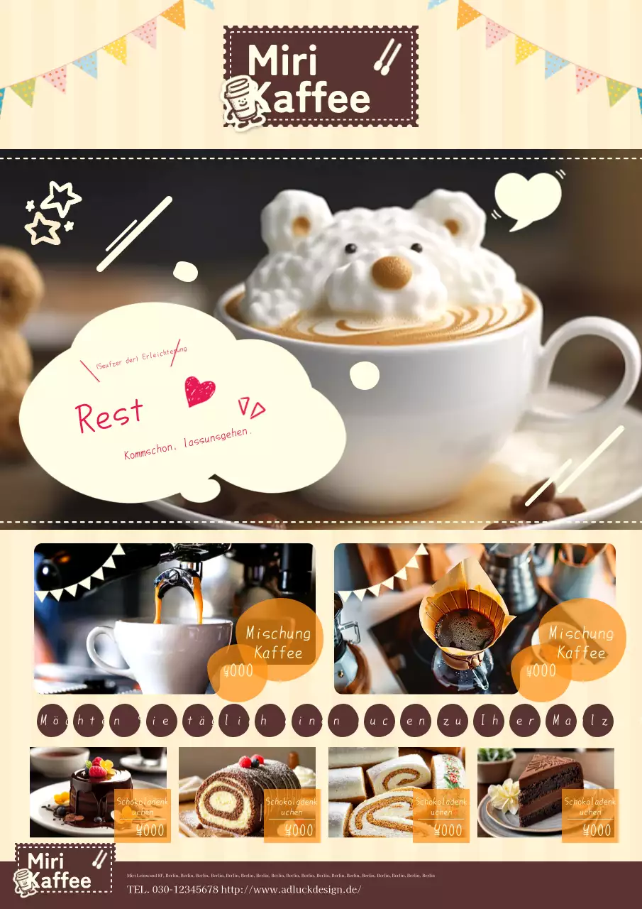 Eine Anzeige für ein Café mit einem hübschen beige-braunen Foto eines Kuma Latte.