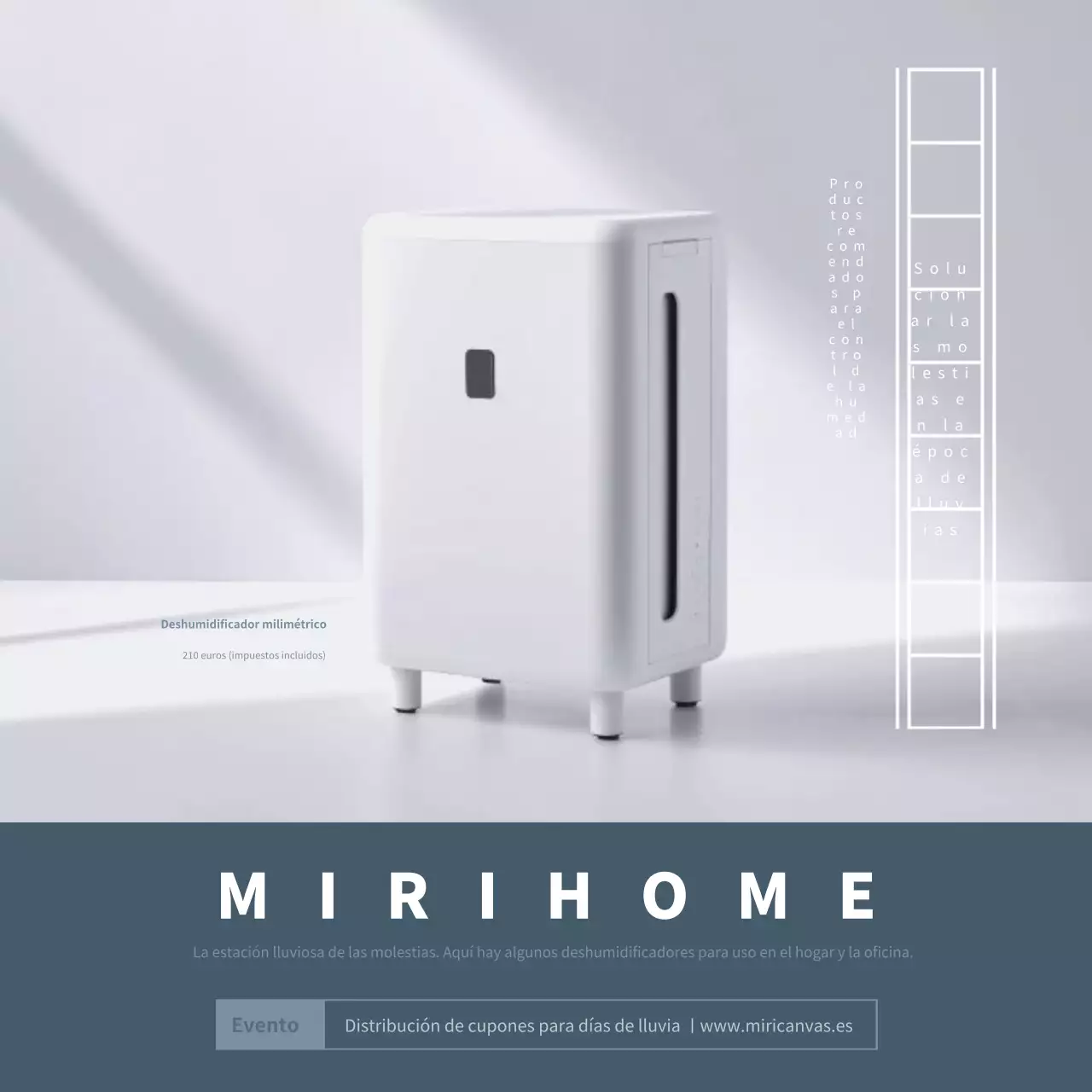 Anuncios de deshumidificadores minimalistas de temporada de lluvias en blanco y añil.