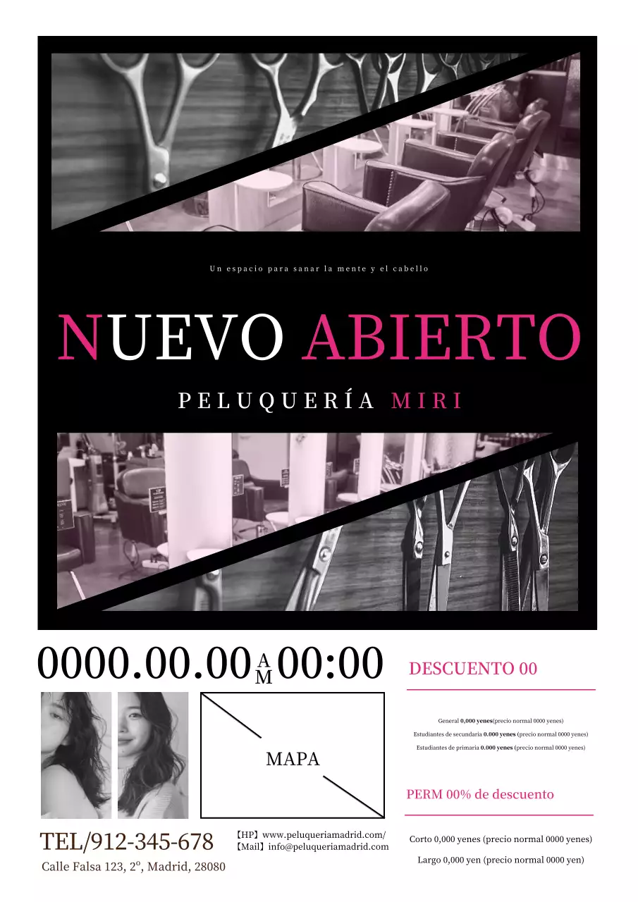 Anuncio de peluquería moderno y sencillo en rosa fuerte y blanco y negro.