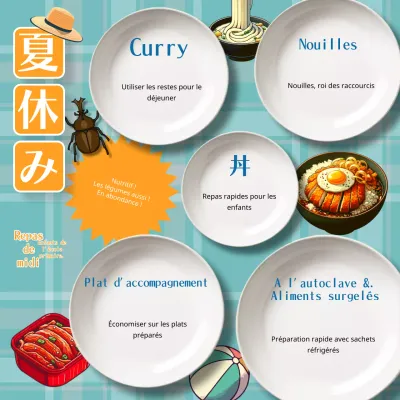 Voici un déjeuner simple, orange et bleu, pour les vacances d'été de l'école primaire.