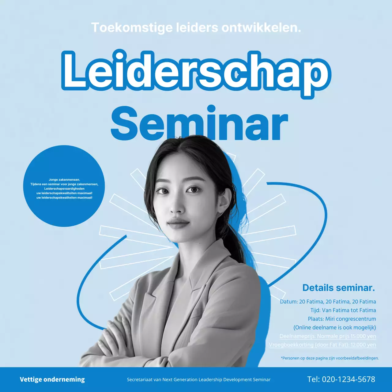 Blauw-witte eenvoudige advertenties voor seminars over leiderschapsontwikkeling.