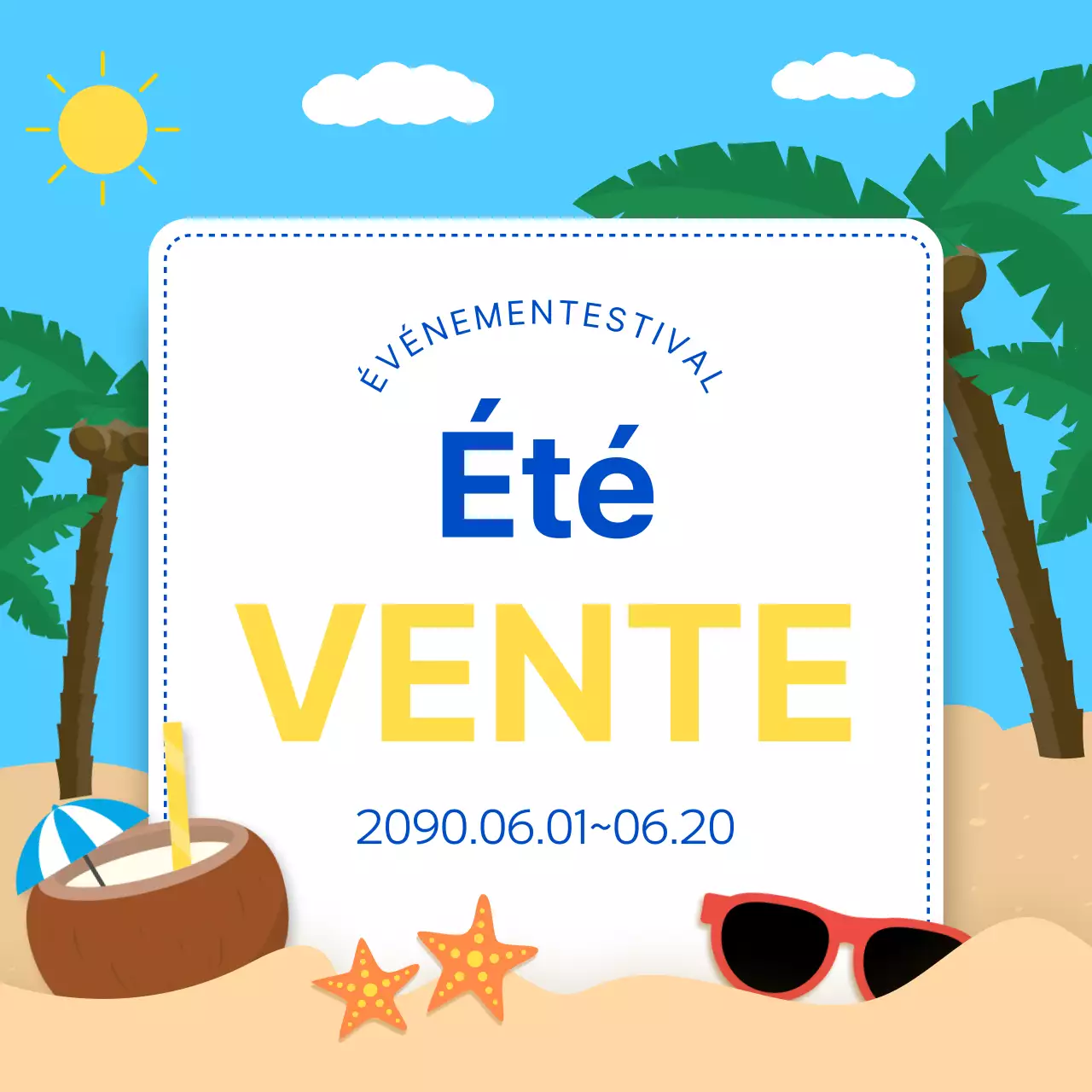 Une collection de vignettes d'événements estivaux tendance en bleu clair et en bleu