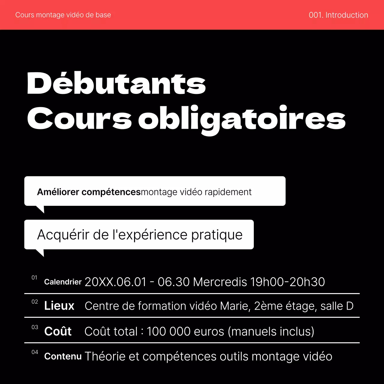 Promouvoir un cours simple d'auto-amélioration du montage vidéo en rouge et noir