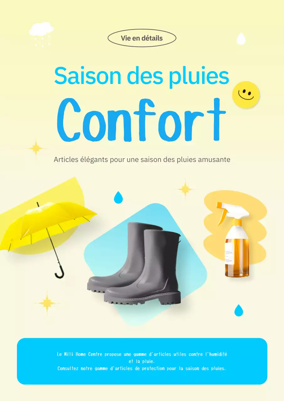 Publicité de mignons articles de saison des pluies jaunes et bleus clairs.