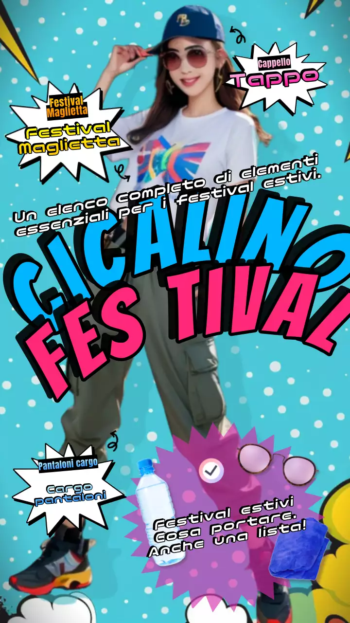 Cosa indossare e portare ai festival estivi per i post sui social network che enfatizzano il rosa e il blu.