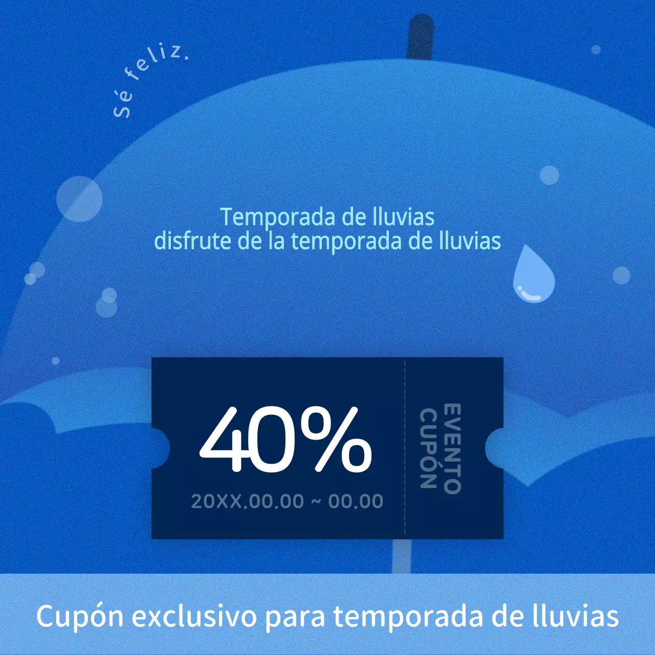 Anuncio sencillo de venta en temporada de lluvias en azul