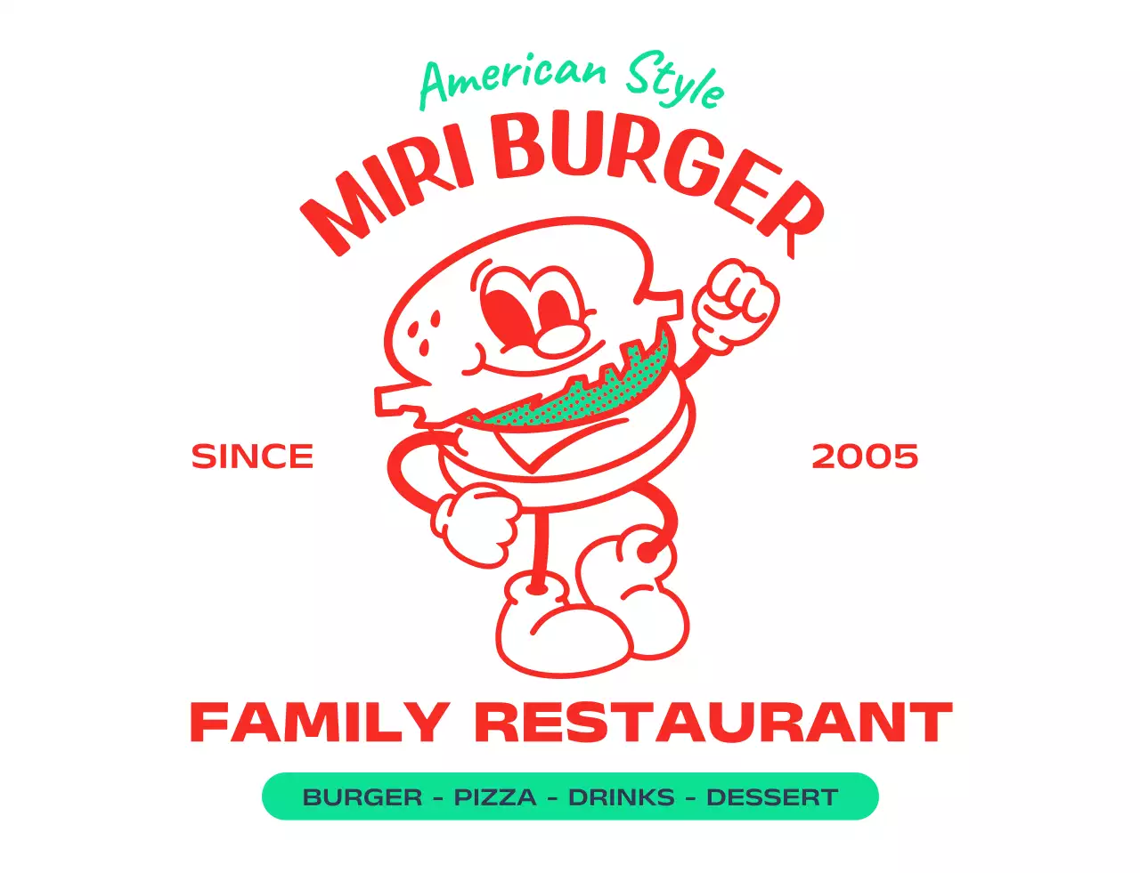 アメリカンスタイルのハンバーガーのキャラクターが入ったロゴ