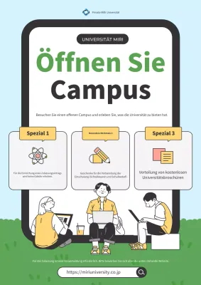 Trendige Anzeige für einen offenen Universitätscampus in Hellblau und Grün