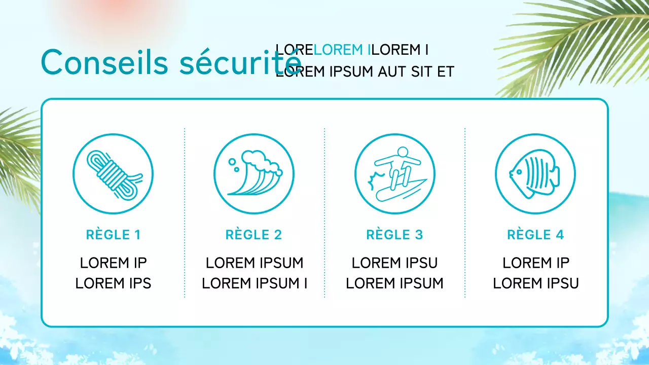 Annonce pour le placement d'un magasin de surf à l'ambiance tropicale dans les tons menthe et bleu