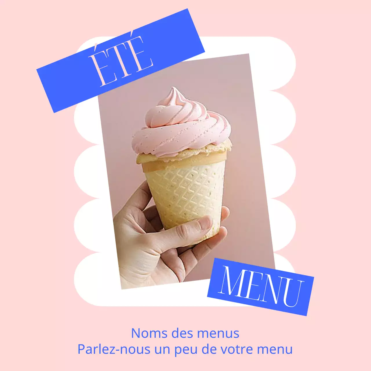 Une annonce simple pour le lancement d'une carte de desserts d'été en bleu et rose