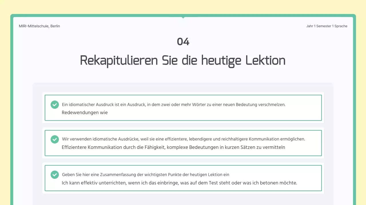 Ein grünes und gelbes Buchkonzept für den Unterricht von koreanischen Redewendungen in der Mittelstufe