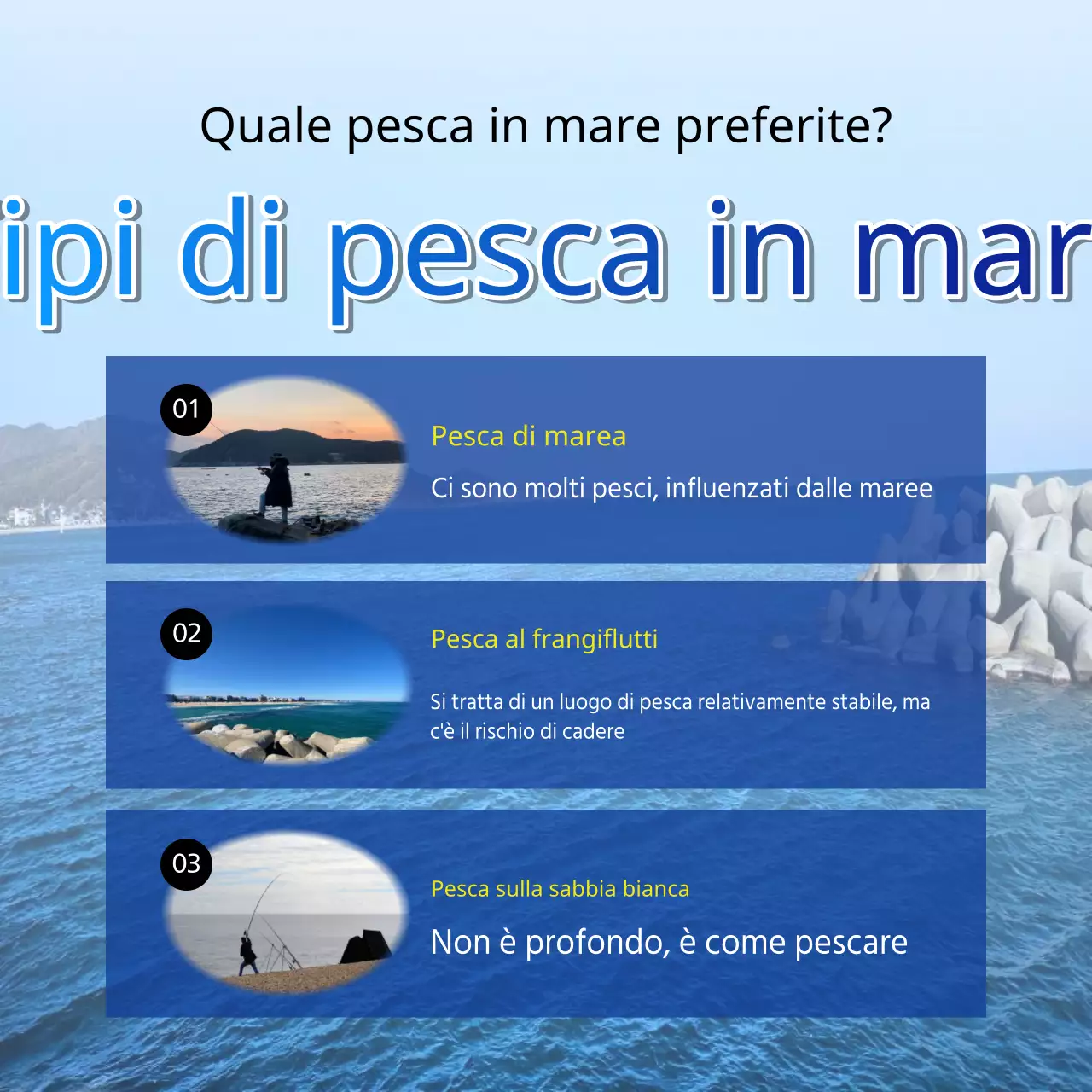 Pubblicità kitsch della pesca in mare in giallo e blu