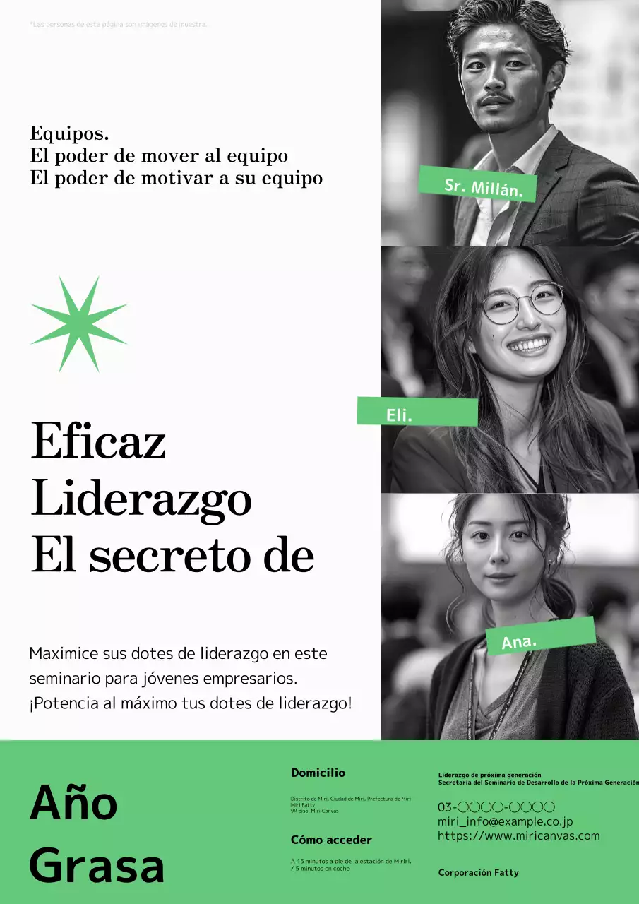 Un moderno anuncio en verde y negro para un seminario sobre el fomento de la próxima generación de líderes.