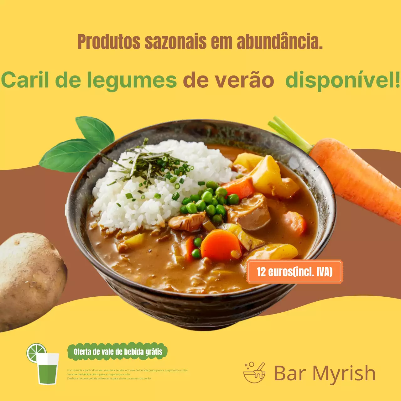 Promover um novo menu com ingredientes sazonais modernos de verão em amarelo e castanho