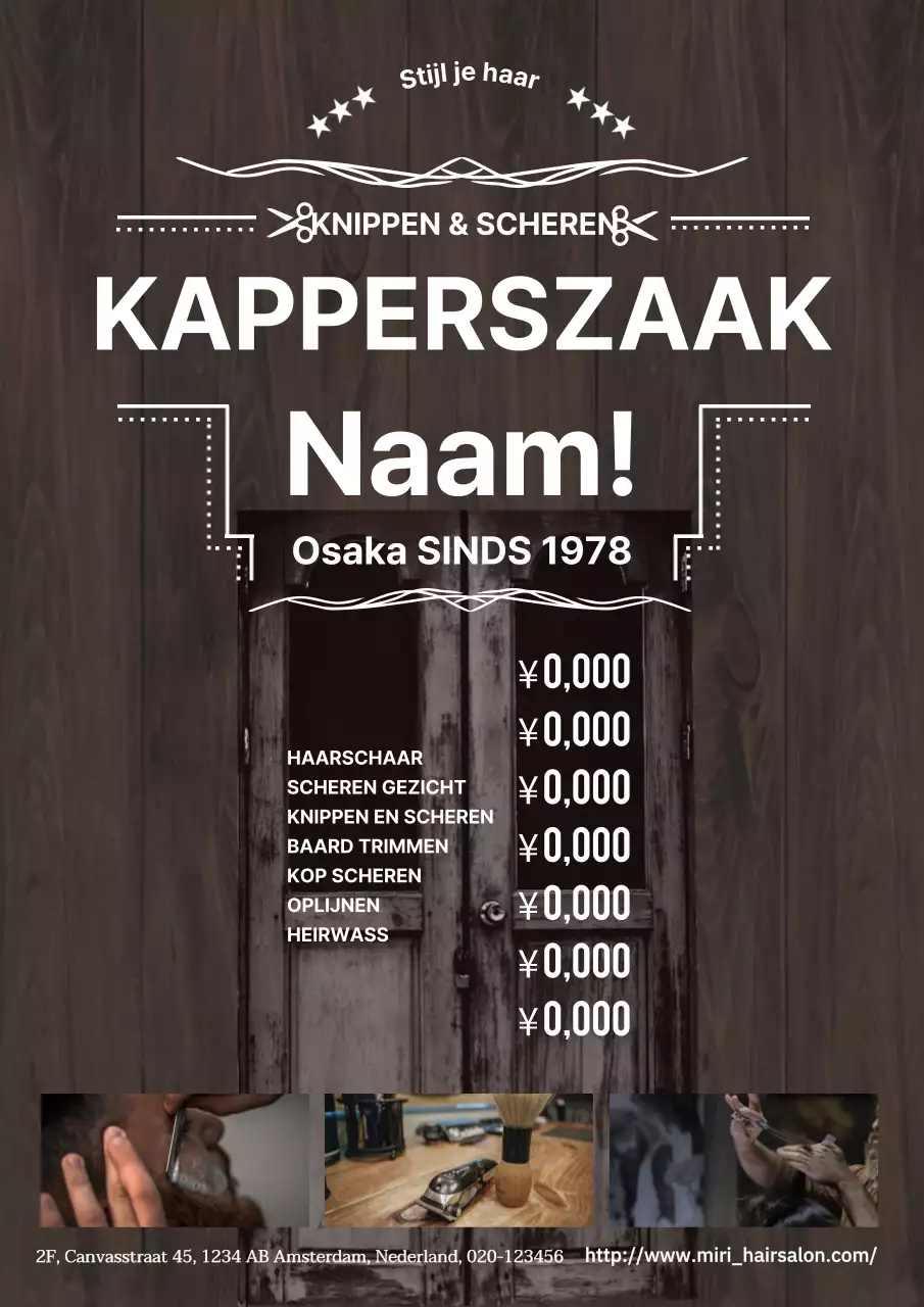 Eenvoudige en stijlvolle herenkappersreclame in bruin en wit