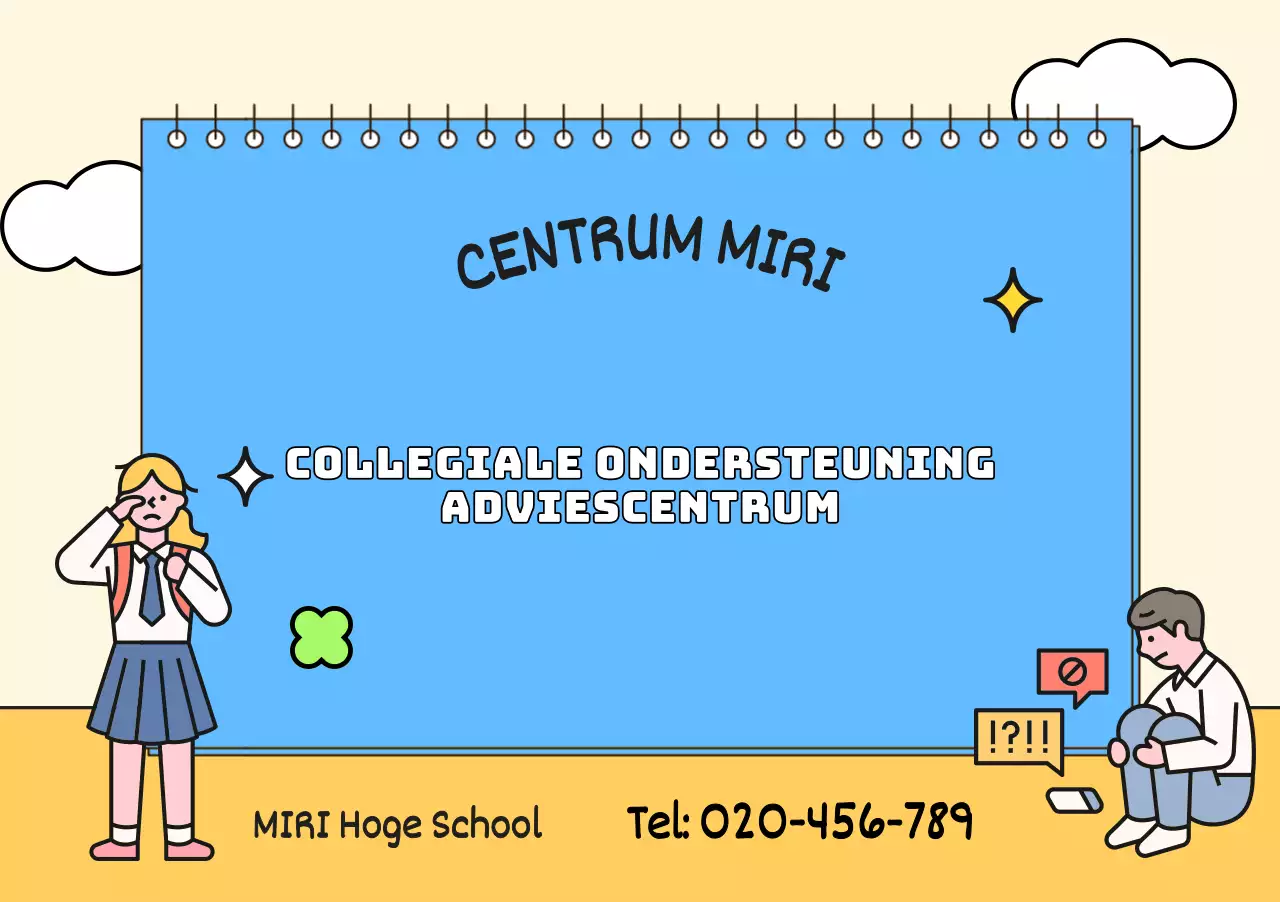 Voor promotie van het counselingcentrum met blauwe en gele studentenillustraties
