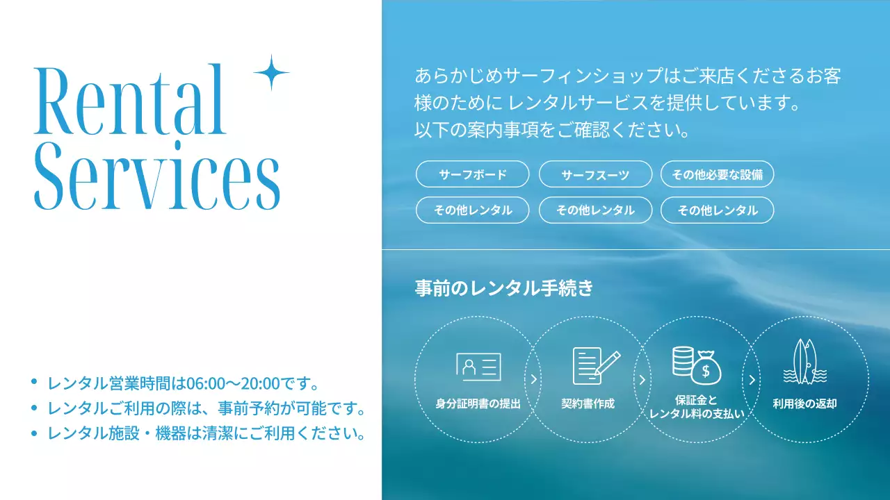 水色 シンプル サーフィン お知らせ プレゼンテーション