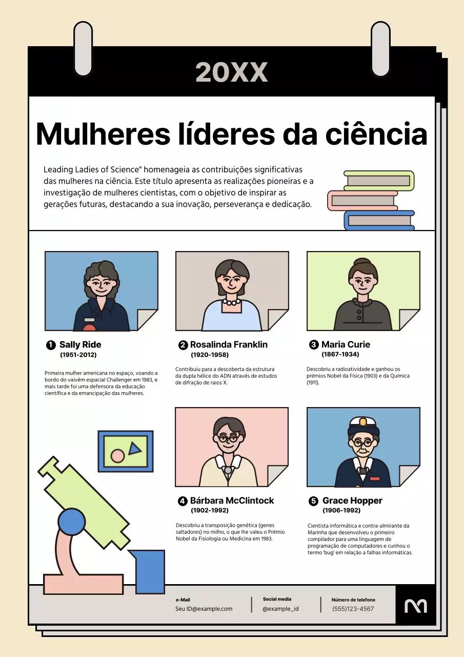 Anúncio de mulher cientista na moda em bege e amarelo