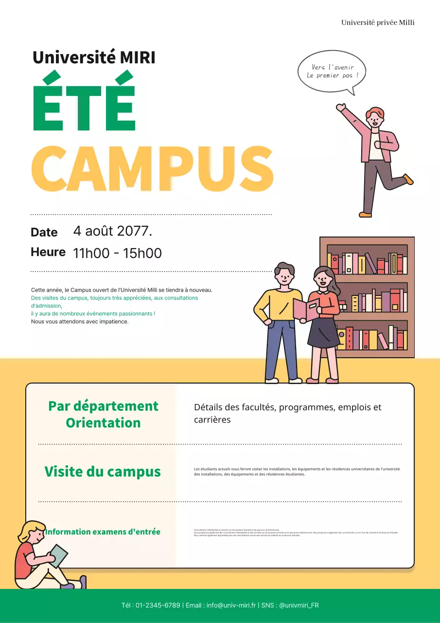 Adorable flyer jaune et vert de l'université ouverte sur le campus !
