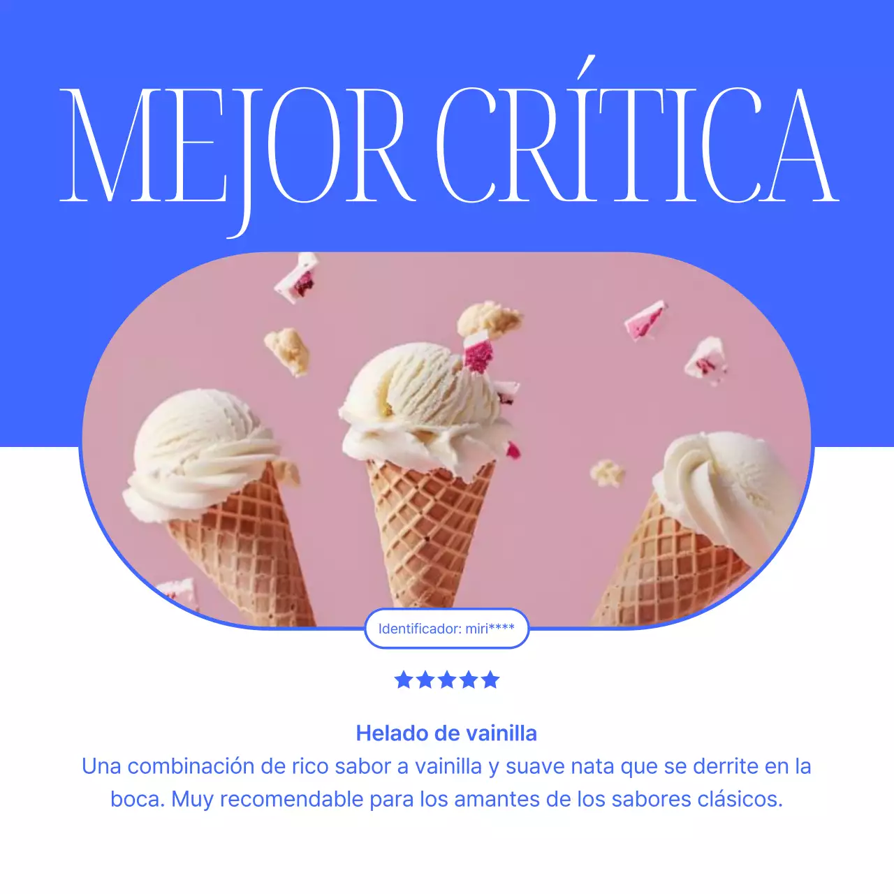 Anuncio de lanzamiento de una sencilla carta de postres de verano en azul y rosa