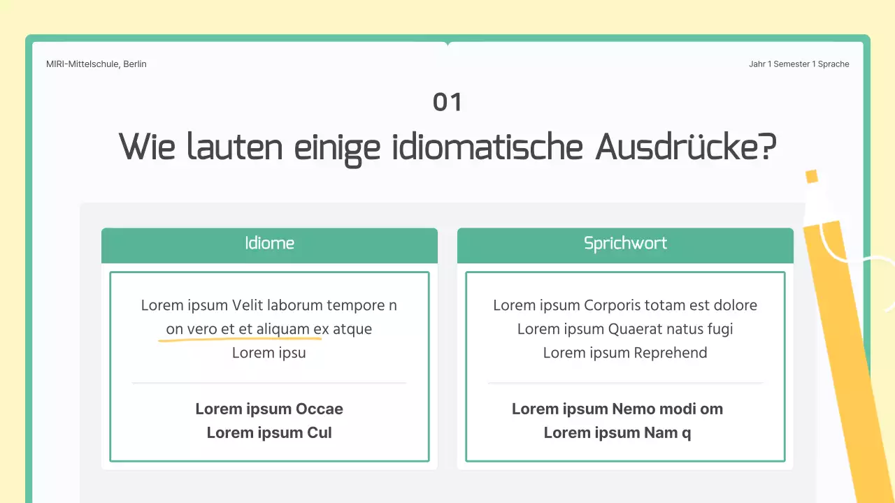 Ein grünes und gelbes Buchkonzept für den Unterricht von koreanischen Redewendungen in der Mittelstufe