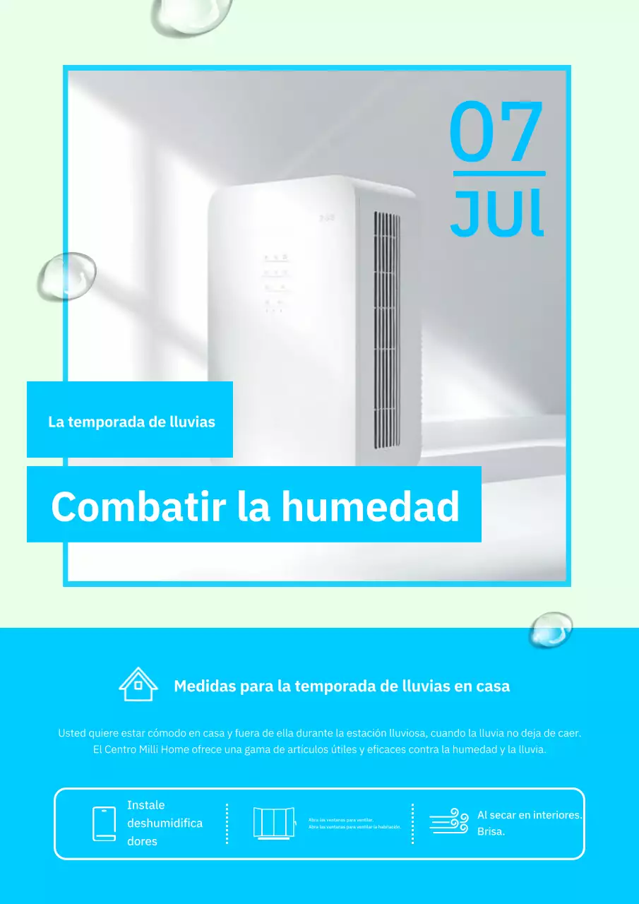 Publicidad sencilla en menta y azul claro para controlar la humedad durante la temporada de lluvias.