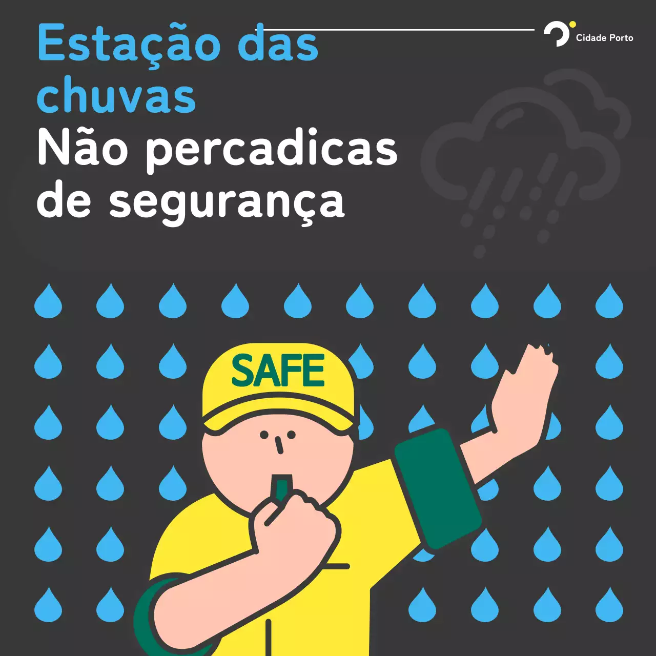 Um guia de segurança para a estação das chuvas, em preto e azul, com arte pop