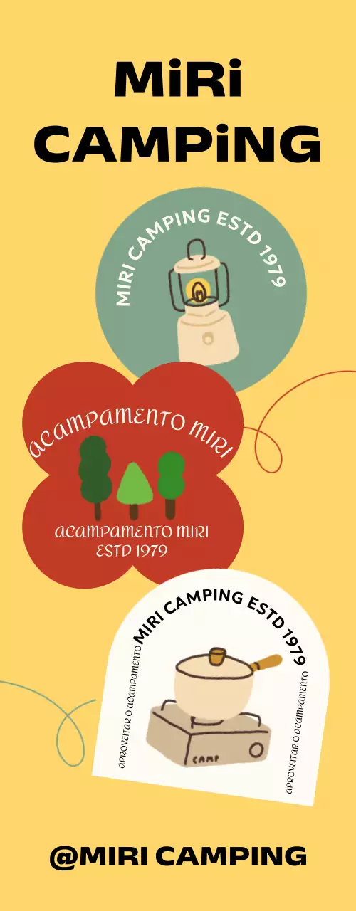 Parque de campismo com várias formas e imagens de acampamento desenhadas à mão
