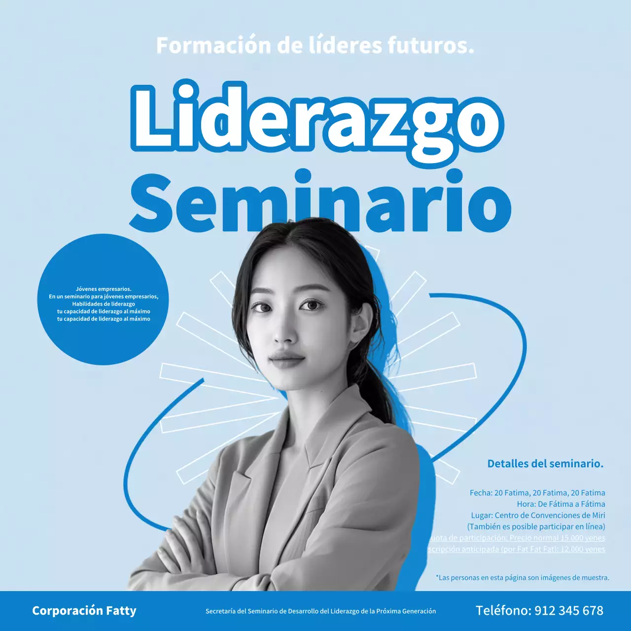 Anuncios azules y blancos de seminarios sencillos de desarrollo del liderazgo.