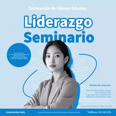 Anuncios azules y blancos de seminarios sencillos de desarrollo del liderazgo.