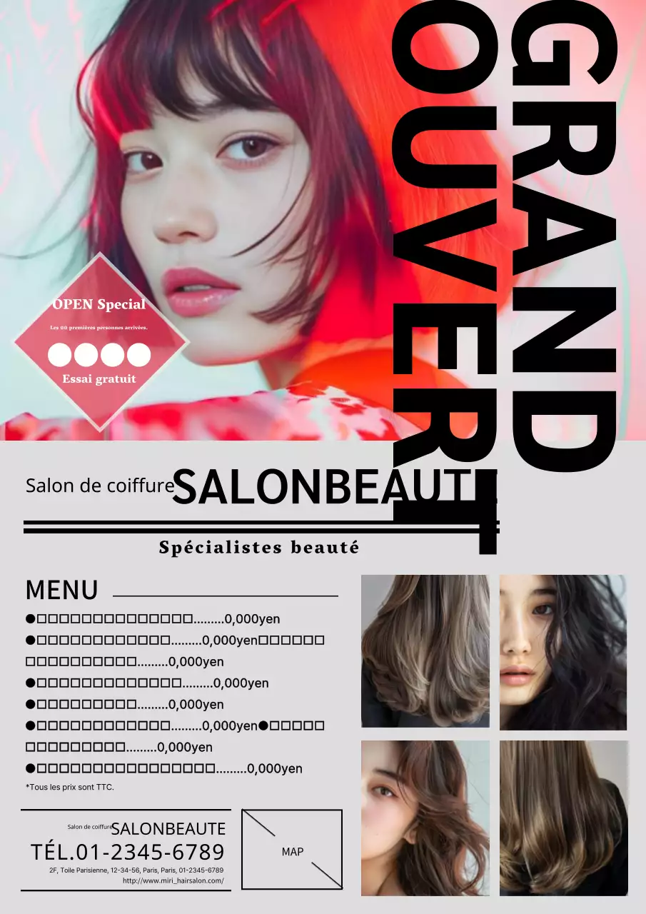 Publicité moderne et simple pour un salon de coiffure en rouge et gris