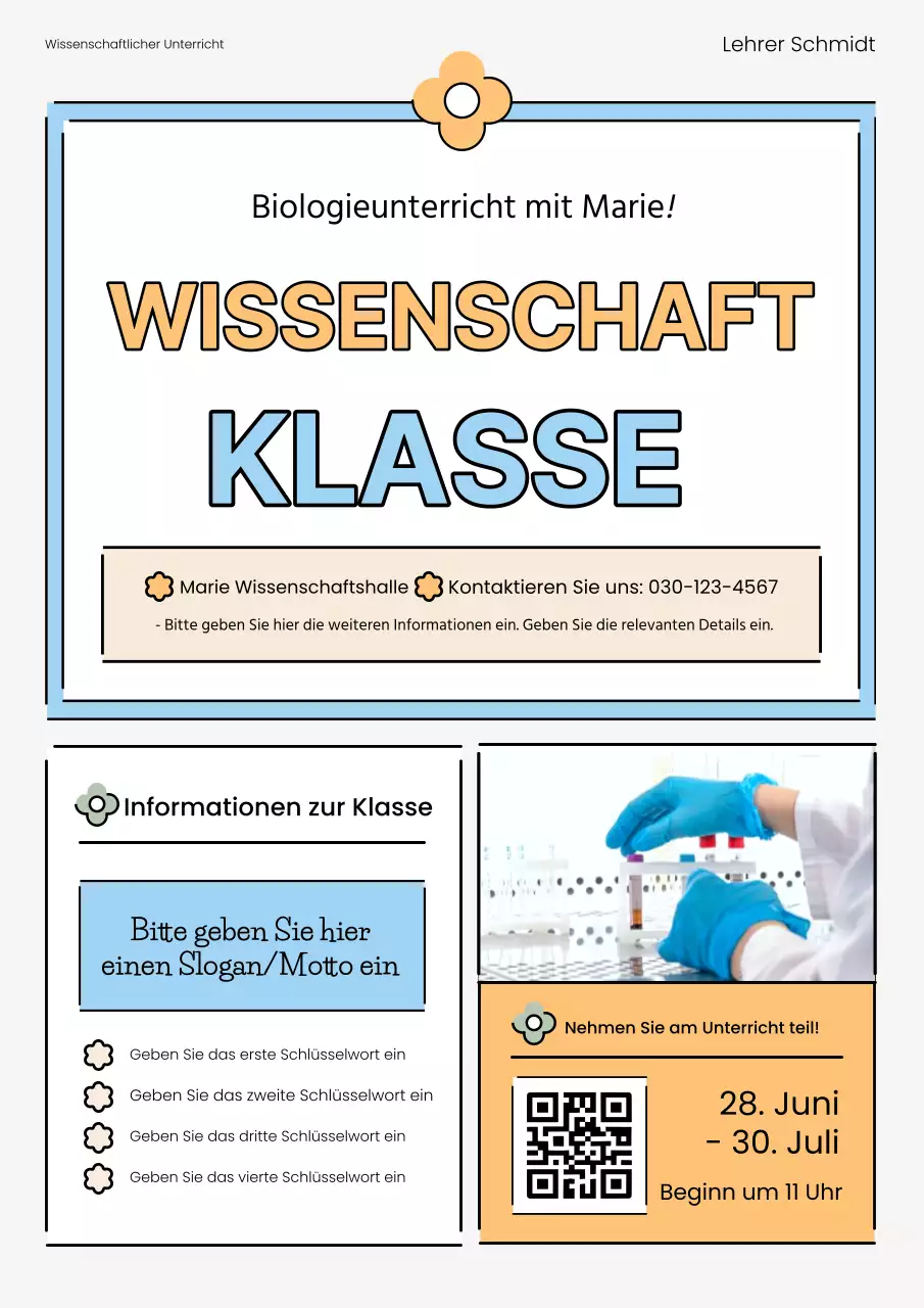 Werben Sie mit hellblauen und orangefarbenen Farbtönen für wissenschaftliche Kurse