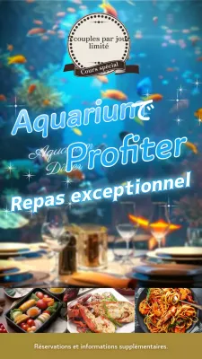 Avis pour attirer des clients pour un dîner dans un aquarium à la mode en bleu clair et or.