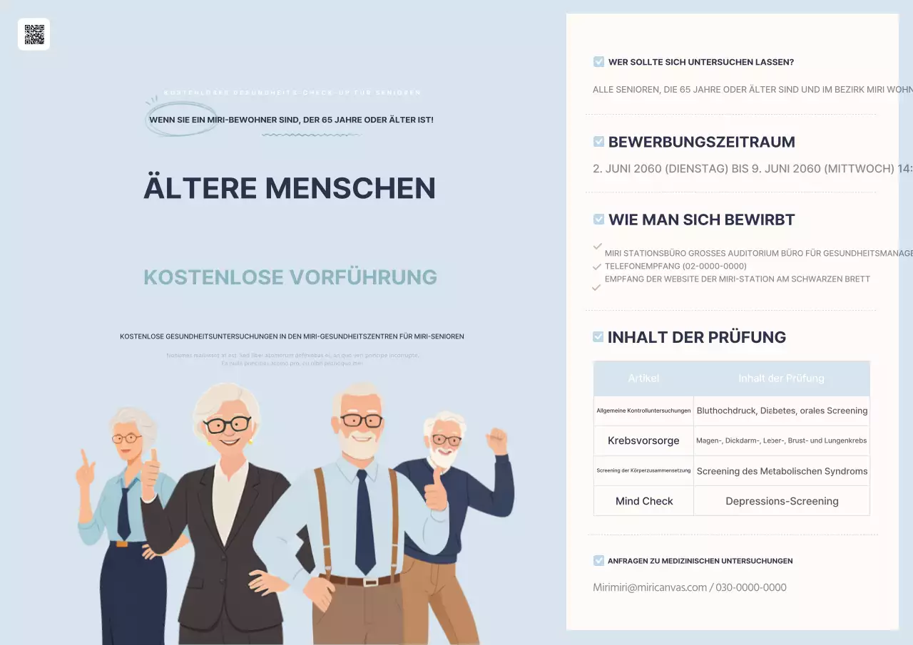 Informationen über kostenlose Gesundheitsuntersuchungen für ältere Menschen in einfachen hellblauen und braunen Farben