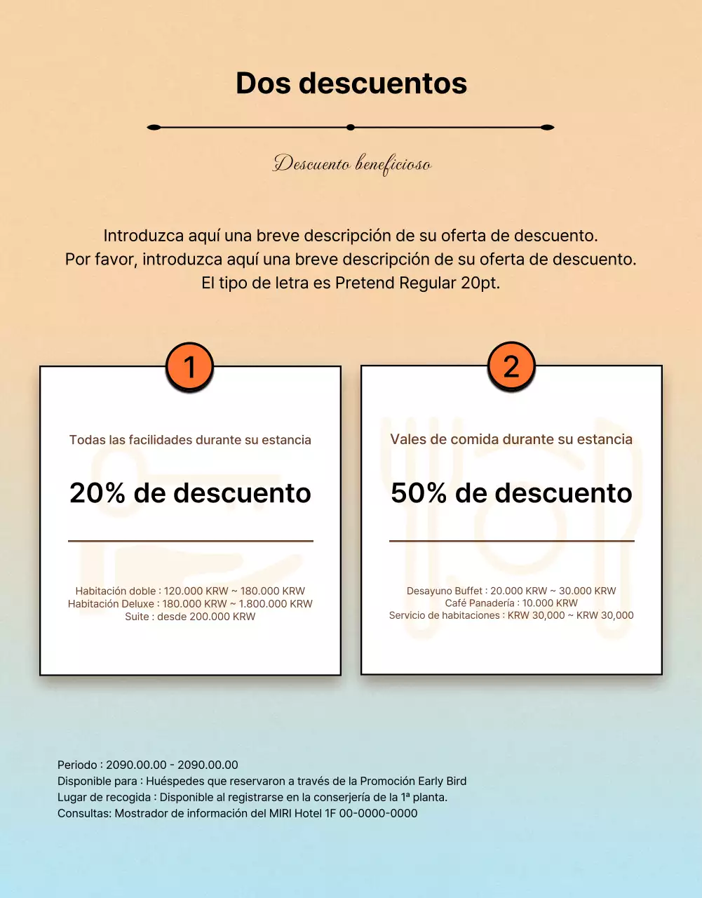 Kitschy anuncio de ofertas hoteleras de verano en naranja y azul