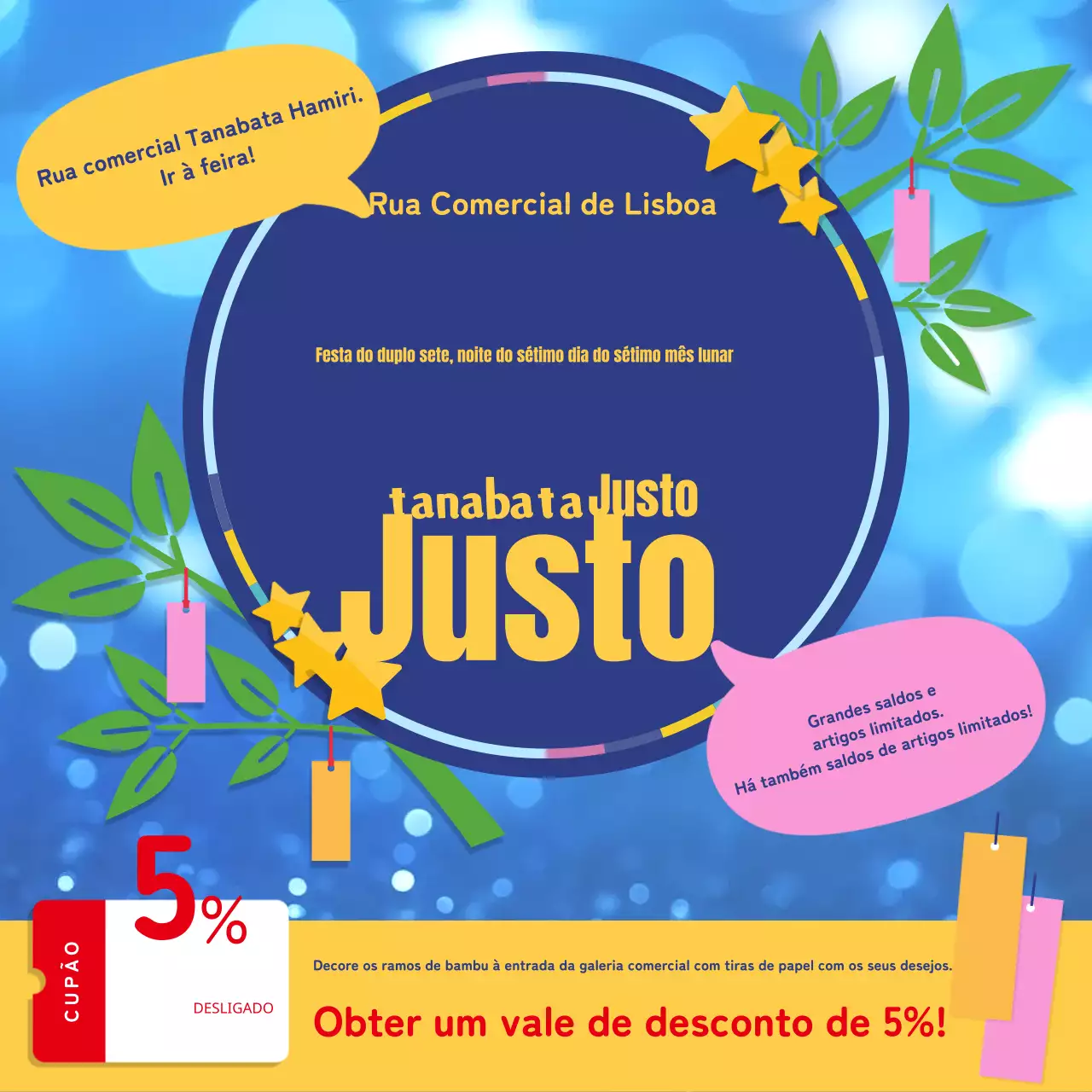 Tiras de tanabata azuis e azuis-marinho brilhantes a afixar nas lojas Anúncio do convite à afixação de tiras de tanzaku nas lojas