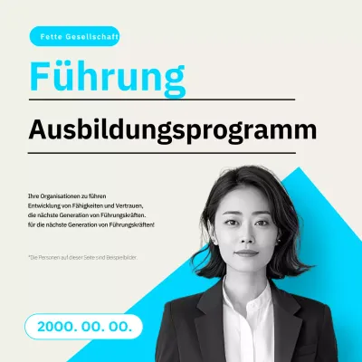 Eine schlichte hellblaue und beigefarbene Werbebroschüre für ein Seminar zur Förderung der nächsten Generation von Führungskräften.