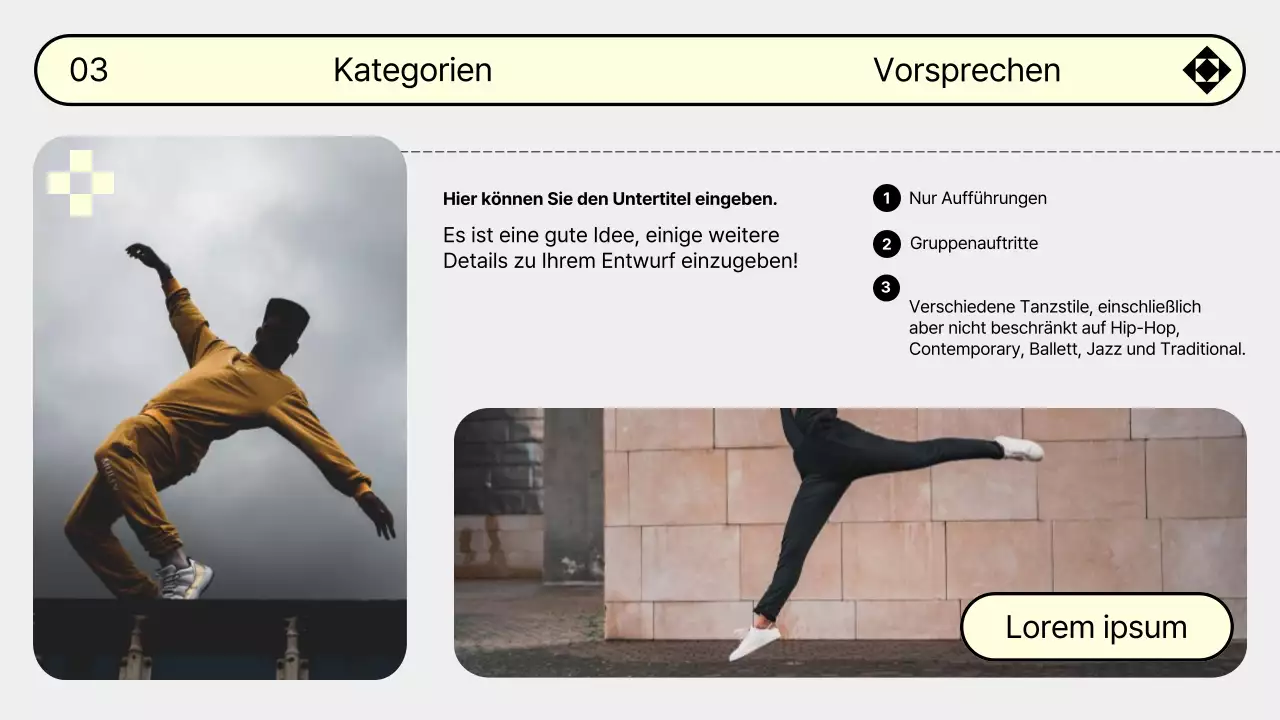 Werben Sie für Ihr Tanzvorsprechen in den Trendfarben Grau und Gelb
