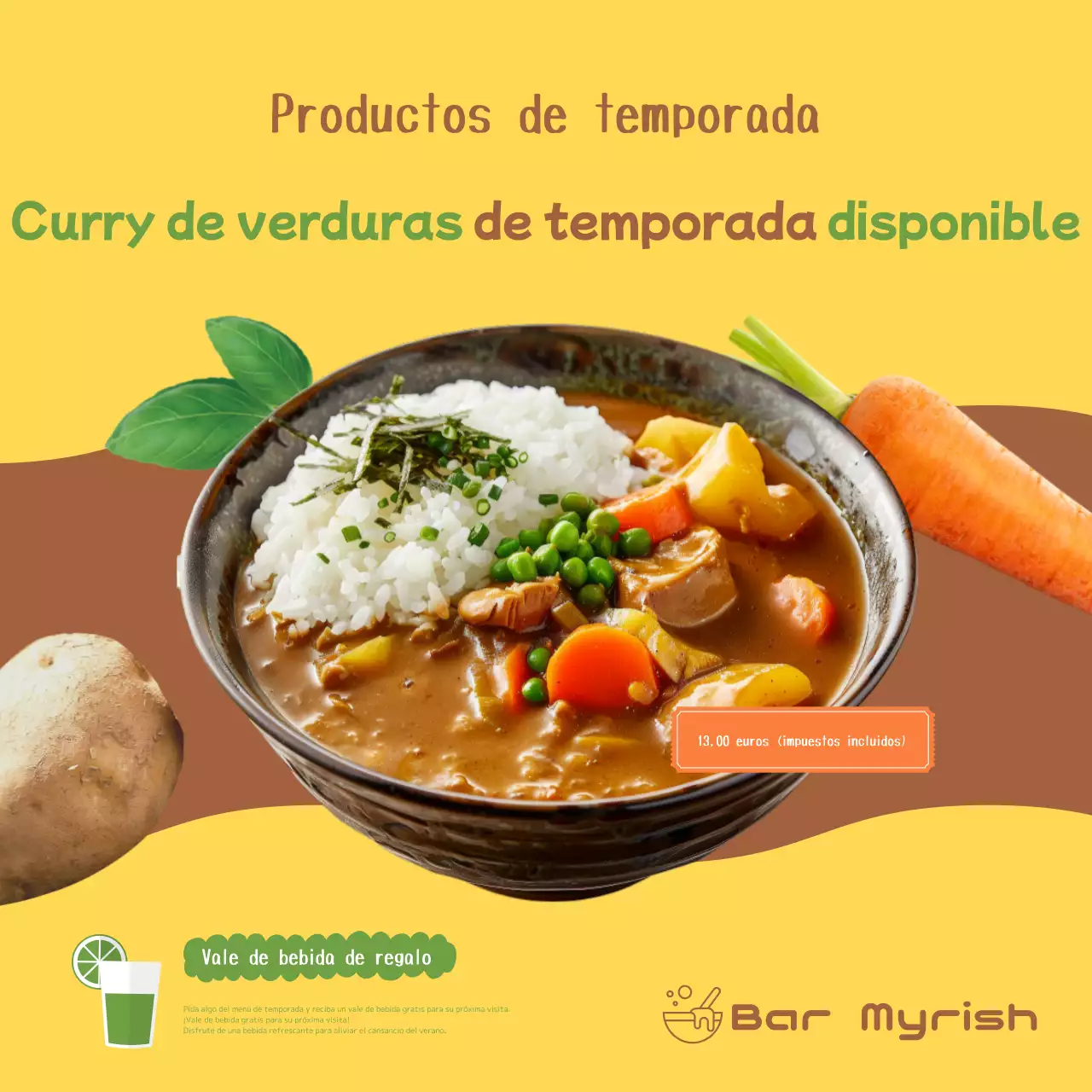 Promociona un nuevo menú con modernos ingredientes de temporada de verano en amarillo y marrón