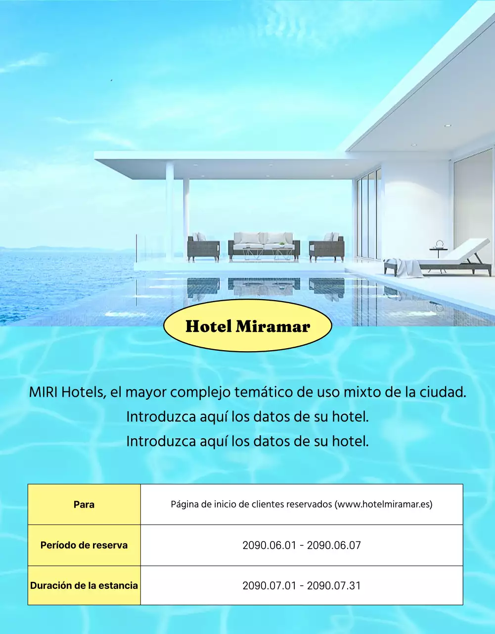 Anuncia ofertas de hoteles con toques de amarillo y azul claro