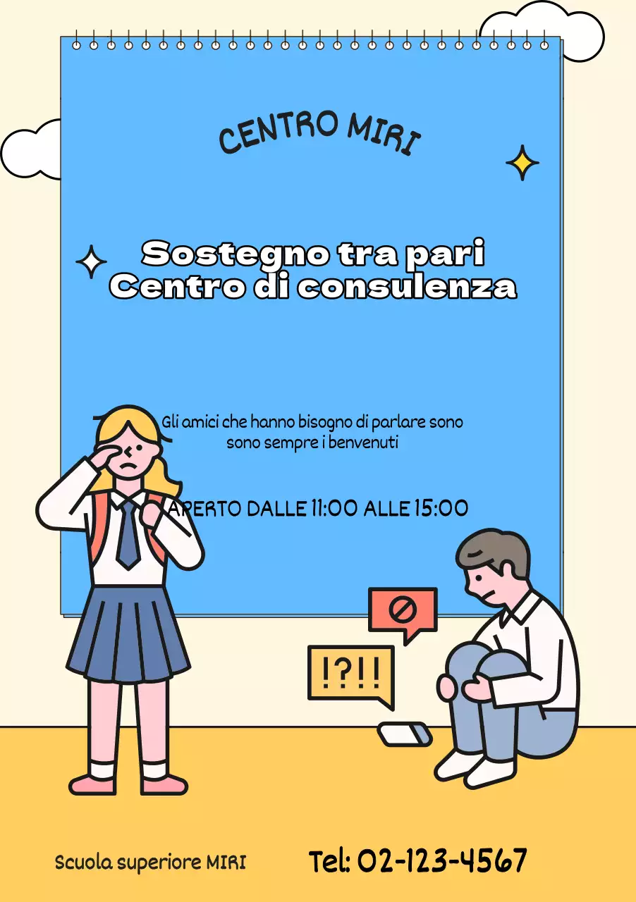 Per la promozione del centro di consulenza con illustrazioni di studenti in blu e giallo