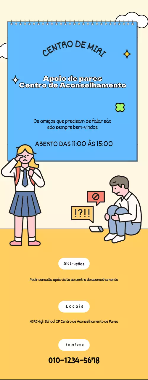 Para promoção do centro de aconselhamento com ilustrações azuis e amarelas de estudantes