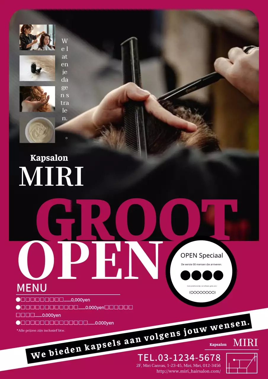 Reclame voor een moderne en stijlvolle kapsalon in rood en zwart