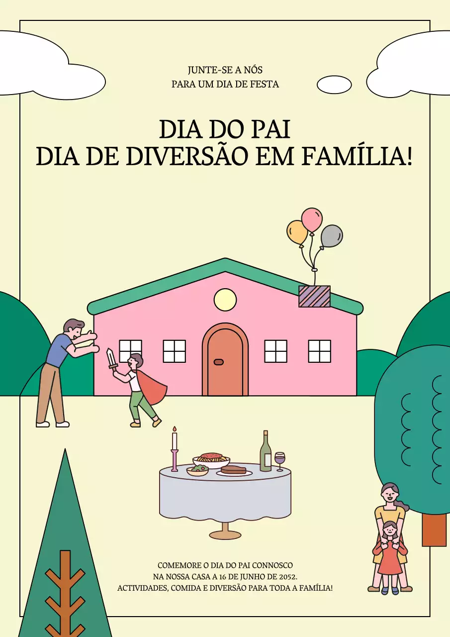 Convite giro para um evento familiar em amarelo e verde
