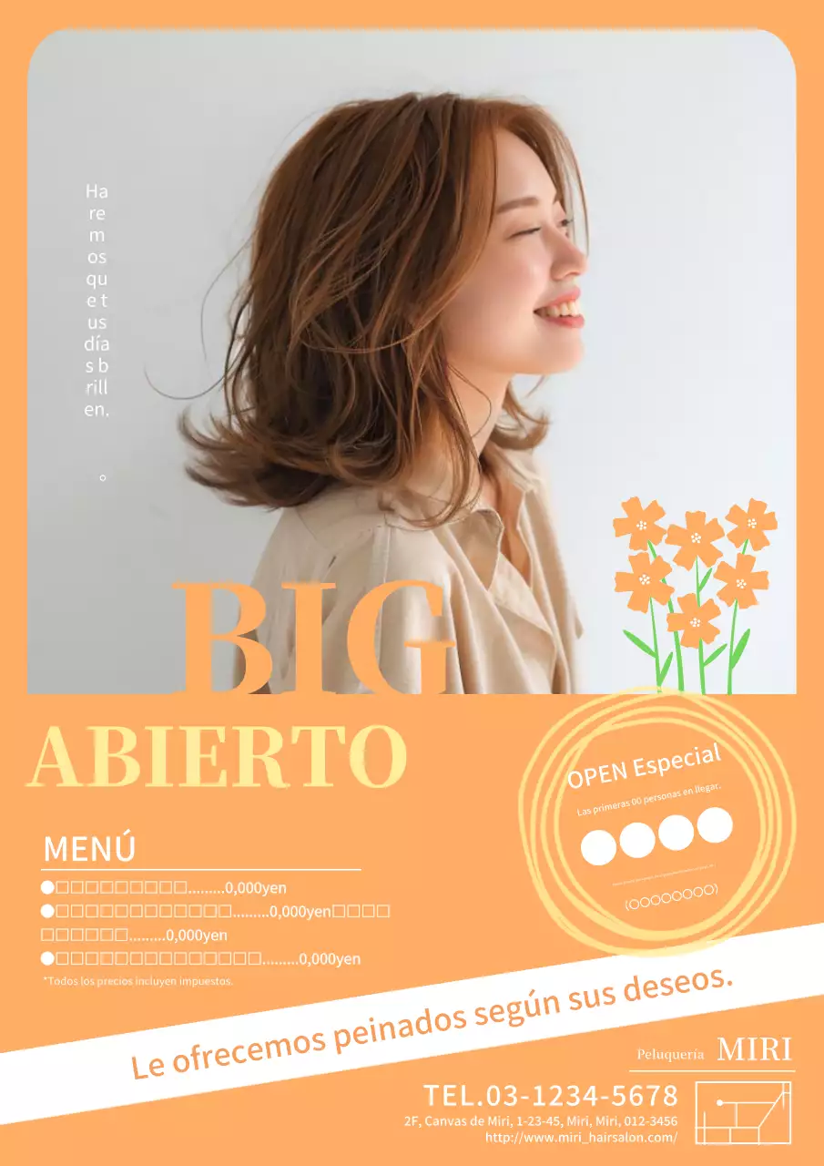 Bonito y natural anuncio de salón de belleza en naranja y amarillo