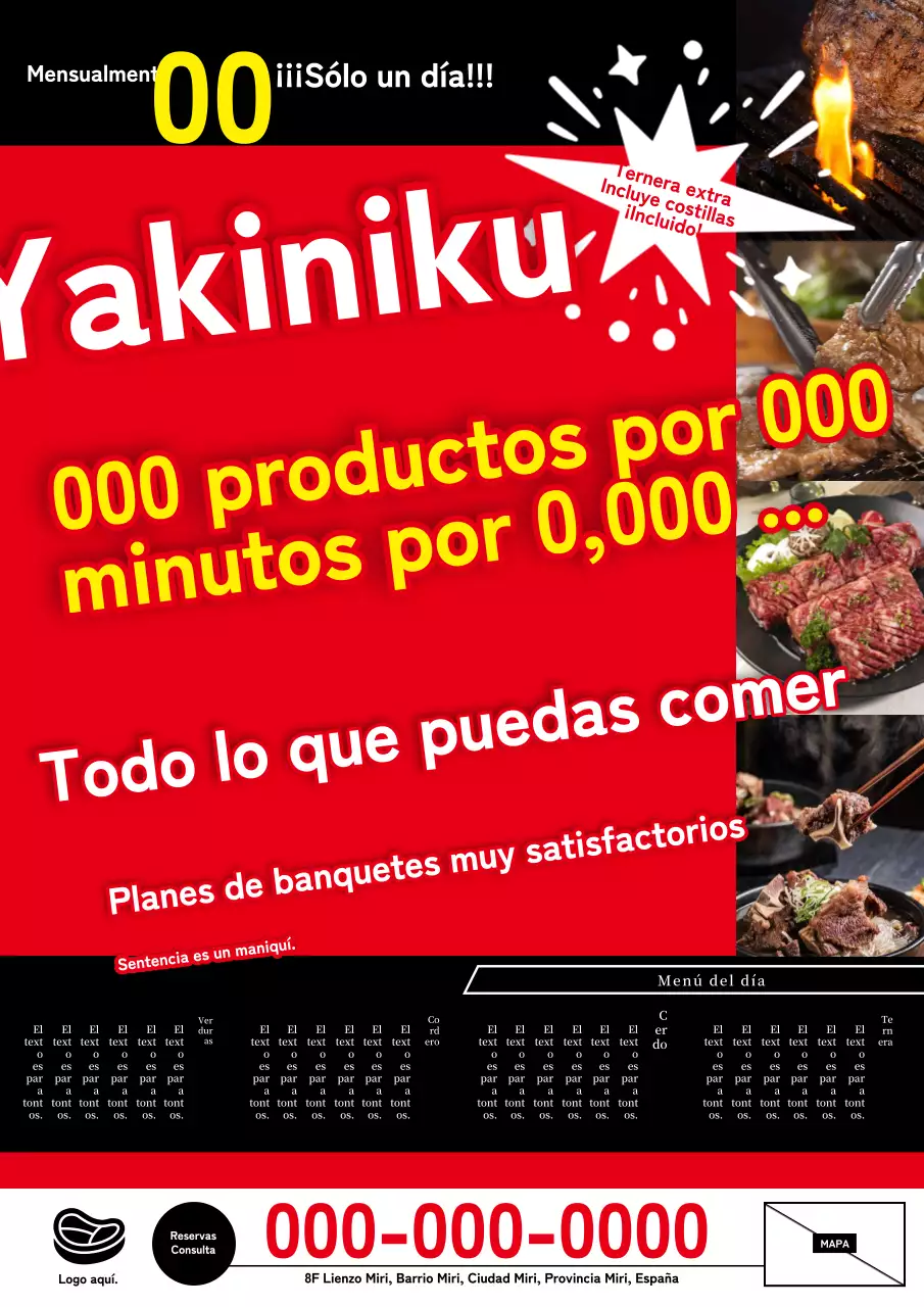 Anuncio rojo y negro de un plan de banquetes de carne a la parrilla al estilo de Don Quijote.