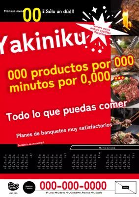 Anuncio rojo y negro de un plan de banquetes de carne a la parrilla al estilo de Don Quijote.